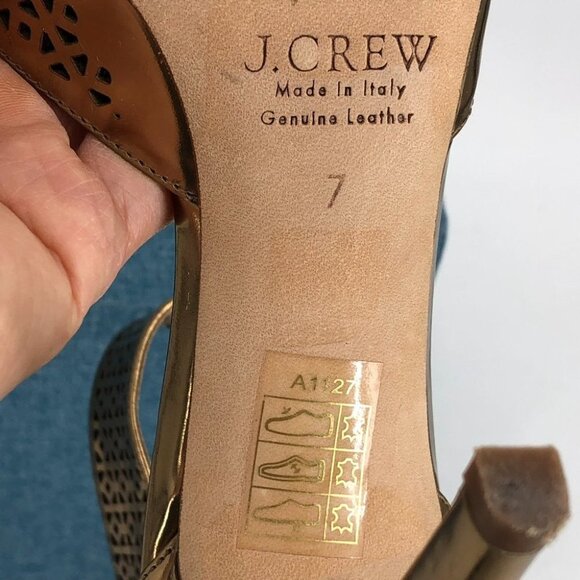 J.Crew Gold Perforated Pointed Toe Ankle Strap Natasha Mirror Metallic Heels 7 - Picture 7 of 15